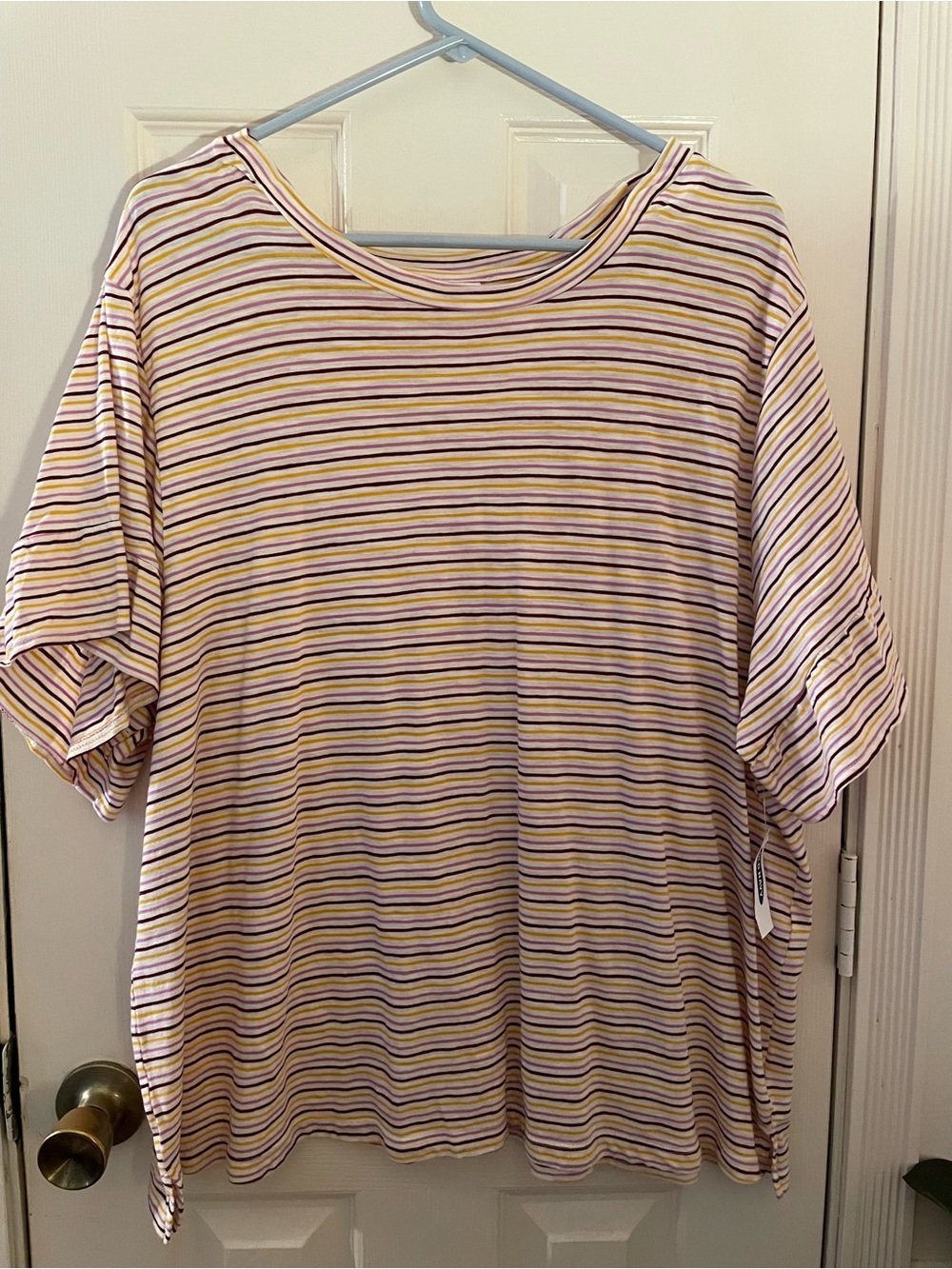 Women's Short Ruffle Sleeve Striped Tee in Light Pink and Yellow XXL NWT